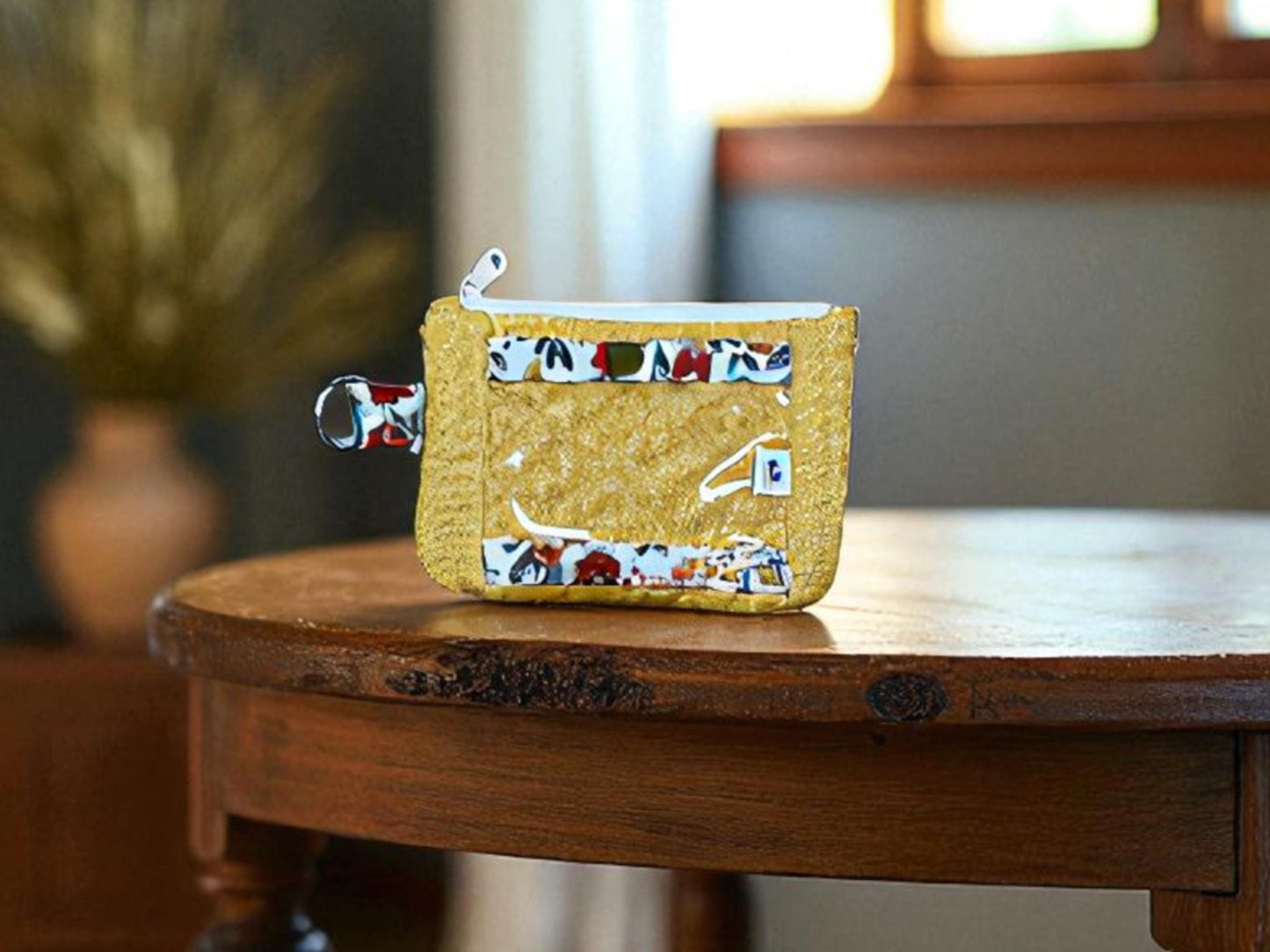 Handmade Quilted Wallet: Golden Bloom Floral Design, Zipper & Snap Pockets