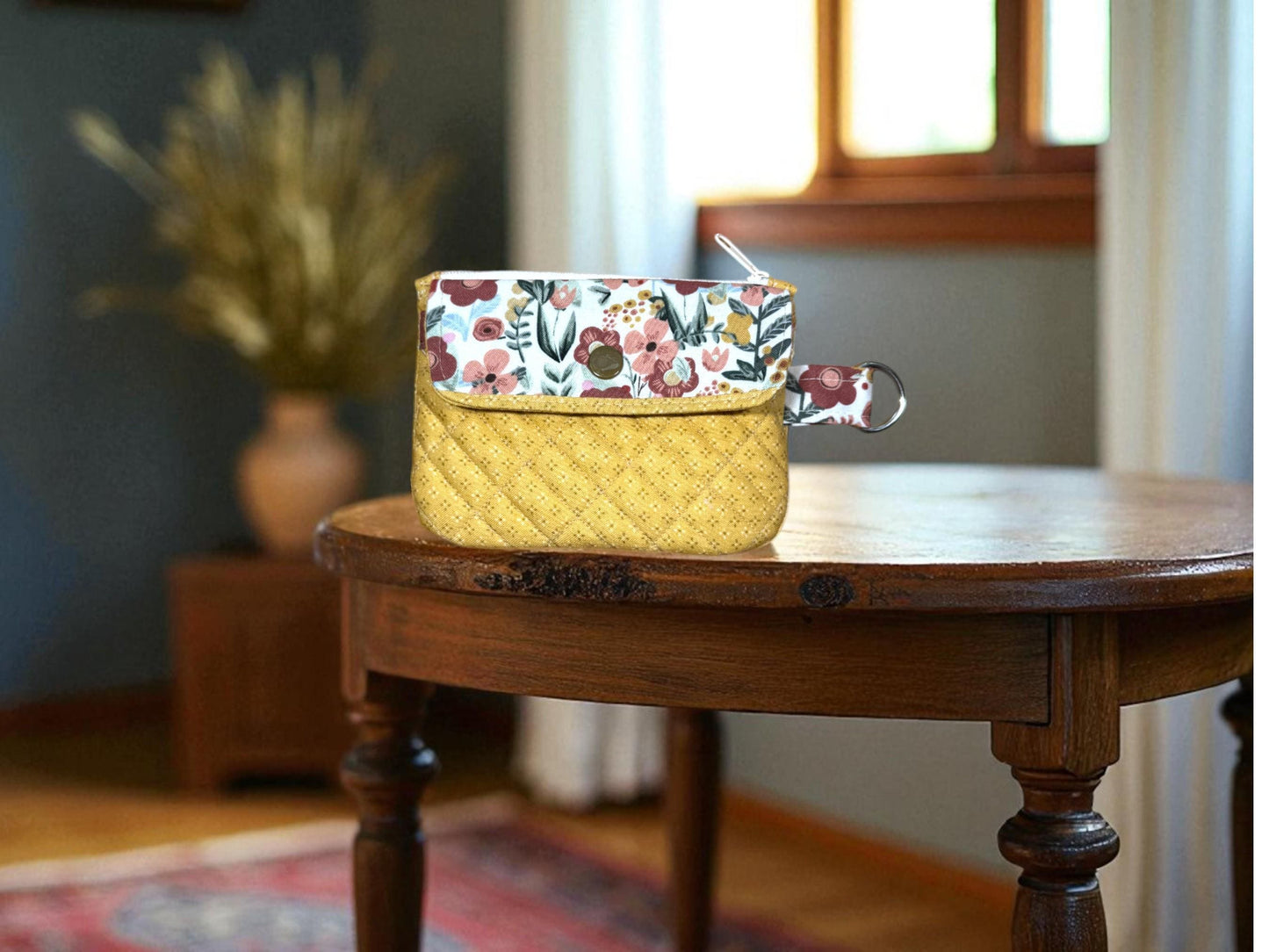 Handmade Quilted Wallet: Golden Bloom Floral Design, Zipper & Snap Pockets