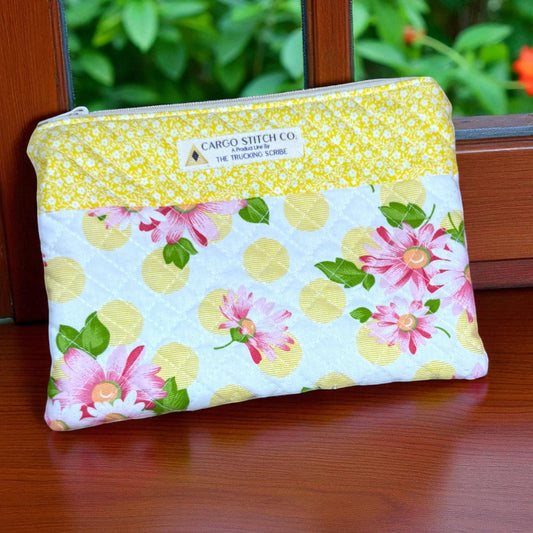 Pink Daisy & Polka Dot Quilted Pouch | Stitcher’s Carry Zipper Bag with Yellow Floral Band | Handmade Project Organizer for Crafters