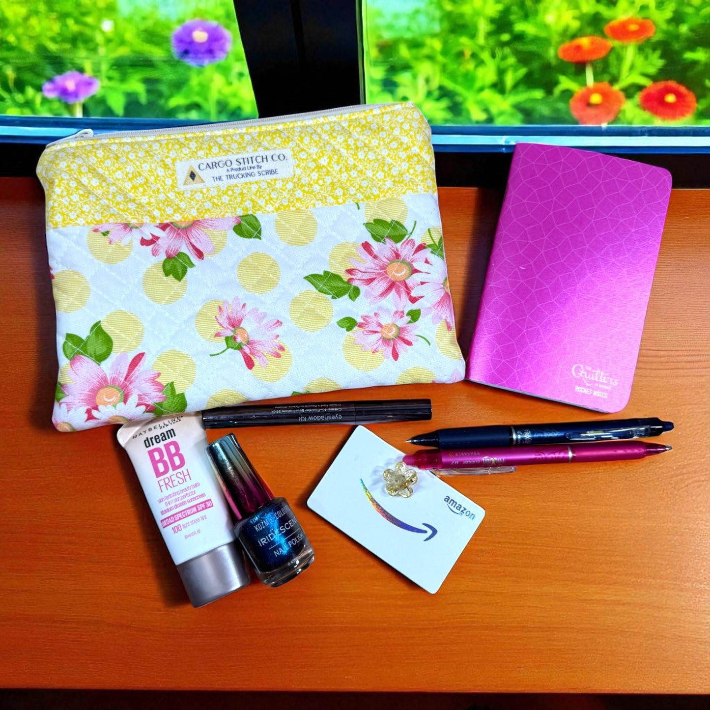 Pink Daisy & Polka Dot Quilted Pouch | Stitcher’s Carry Zipper Bag with Yellow Floral Band | Handmade Project Organizer for Crafters