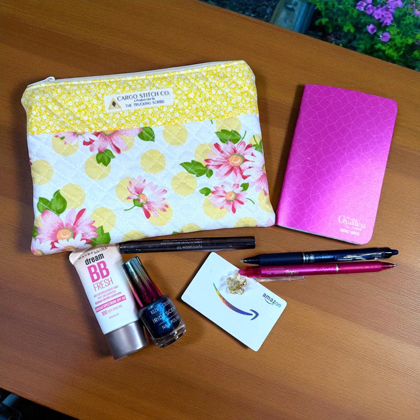 Pink Daisy & Polka Dot Quilted Pouch | Stitcher’s Carry Zipper Bag with Yellow Floral Band | Handmade Project Organizer for Crafters