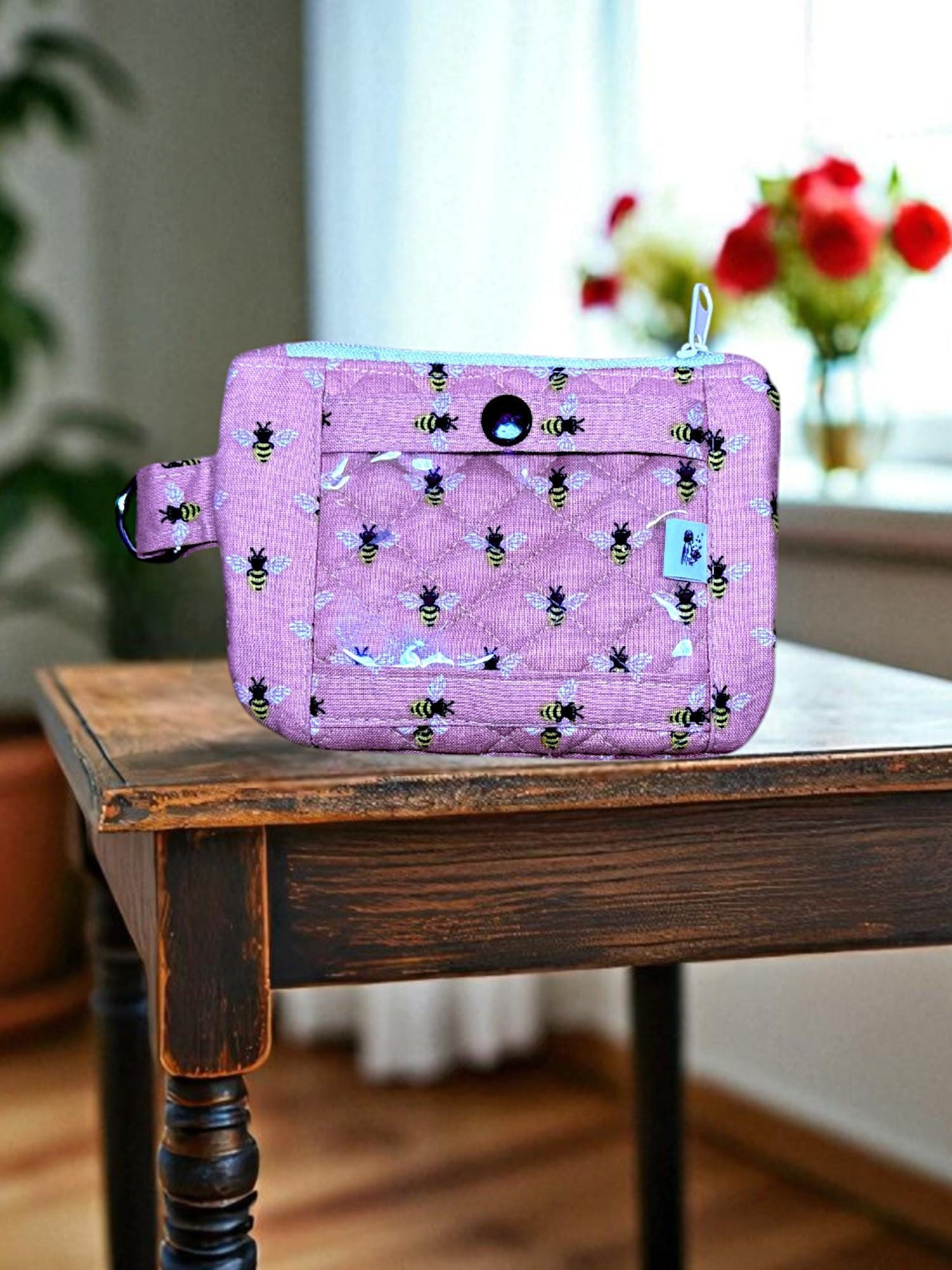 Rose Apiary Wallet - Quilted Cotton ID Wallet | Bee Print Card Holder | Handmade Minimalist Wallet