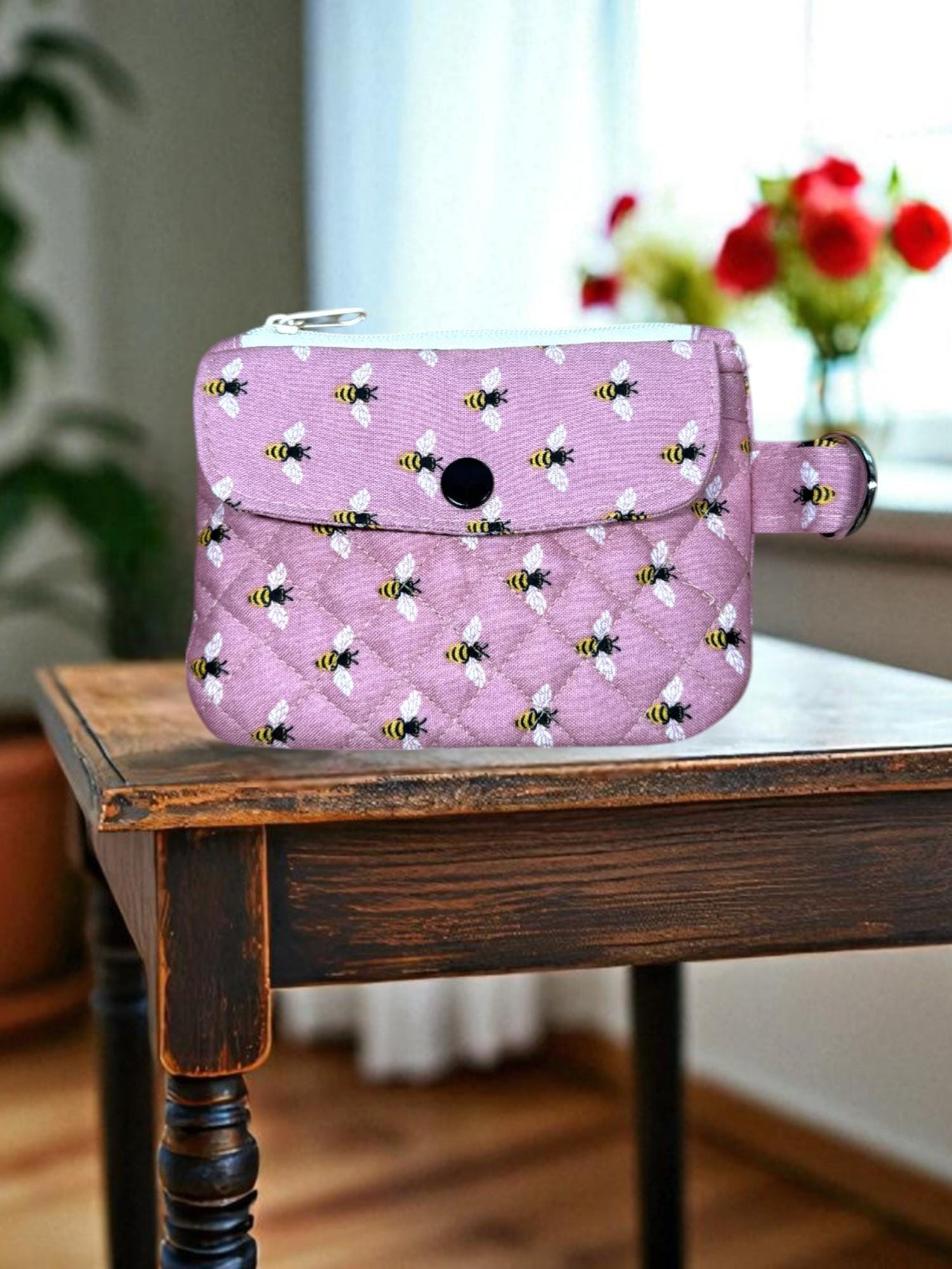 Rose Apiary Wallet - Quilted Cotton ID Wallet | Bee Print Card Holder | Handmade Minimalist Wallet