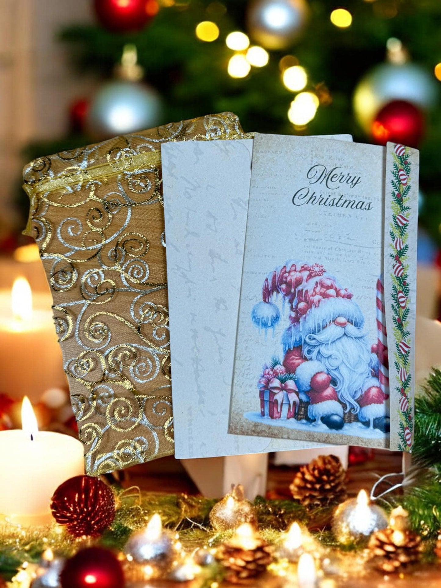 Candy Cane Gnome Gift Card Holder – Christmas Junk Journal Folio with Tags, Cards & Cozy Tea Treat