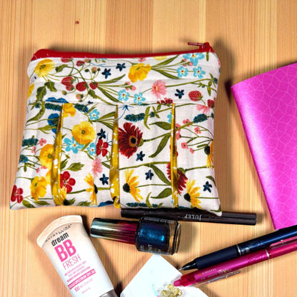 Wildflower Quilted Zipper Pouch, Floral Pleated Makeup Bag, Garden Cosmetic Pouch, Handmade Project Bag, Floral Gift