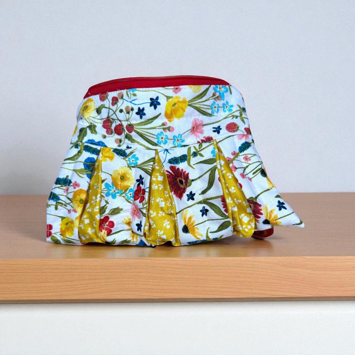 Wildflower Quilted Zipper Pouch, Floral Pleated Makeup Bag, Garden Cosmetic Pouch, Handmade Project Bag, Floral Gift