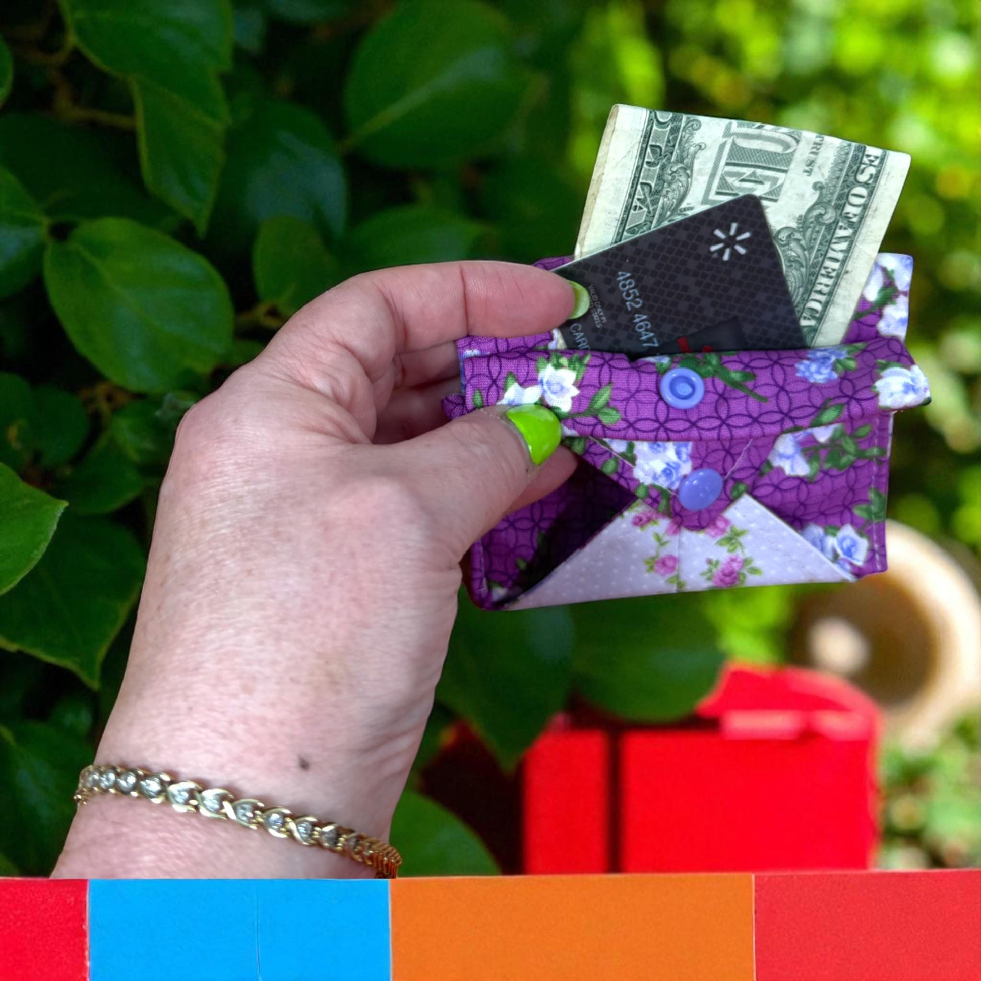 Garden Gate Wallet - Vintage Floral Wallet | Quilted Snap Pocket Card Holder | Handmade Minimalist Wallet