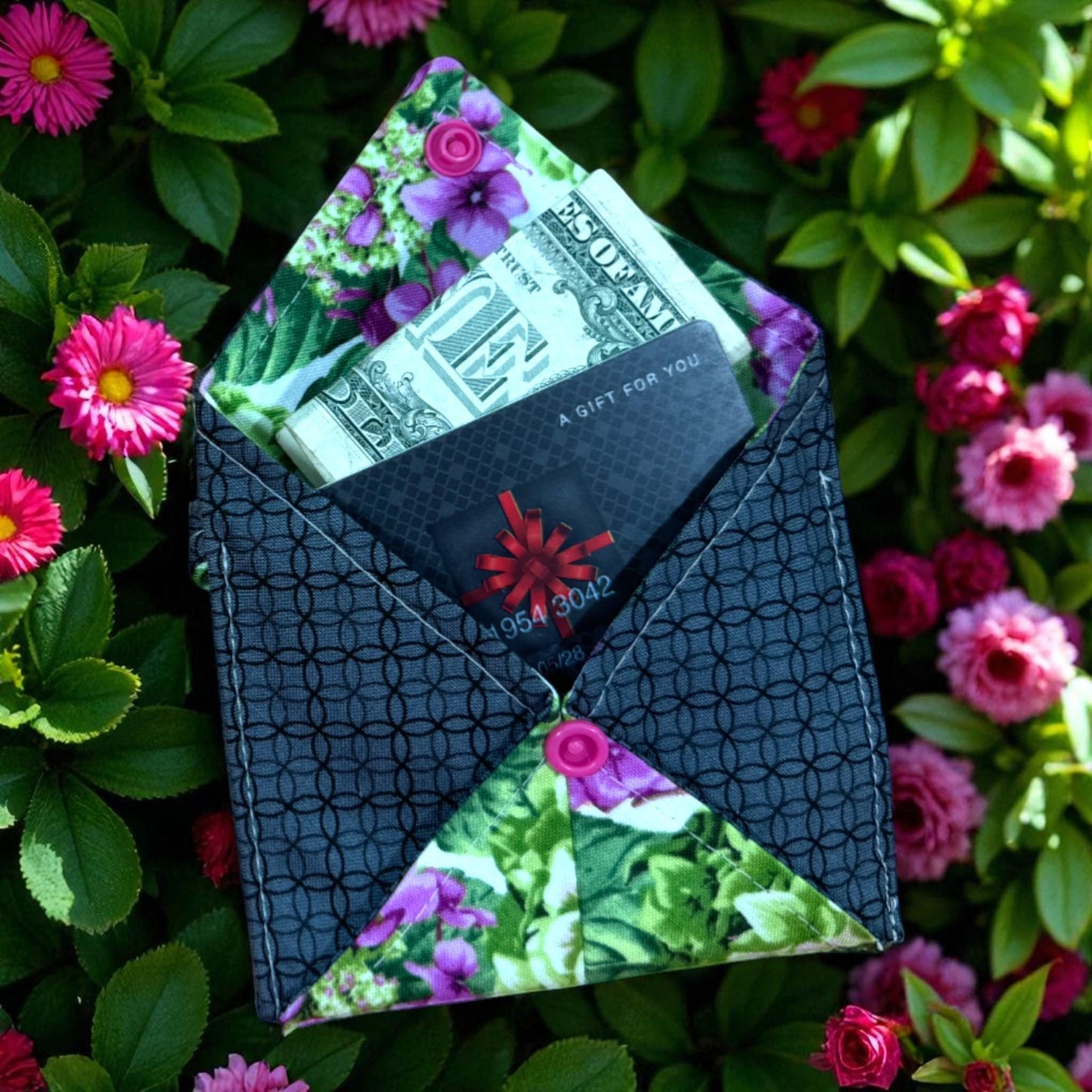Garden Gate Wallet - Vintage Floral Wallet | Quilted Snap Pocket Card Holder | Handmade Minimalist Wallet