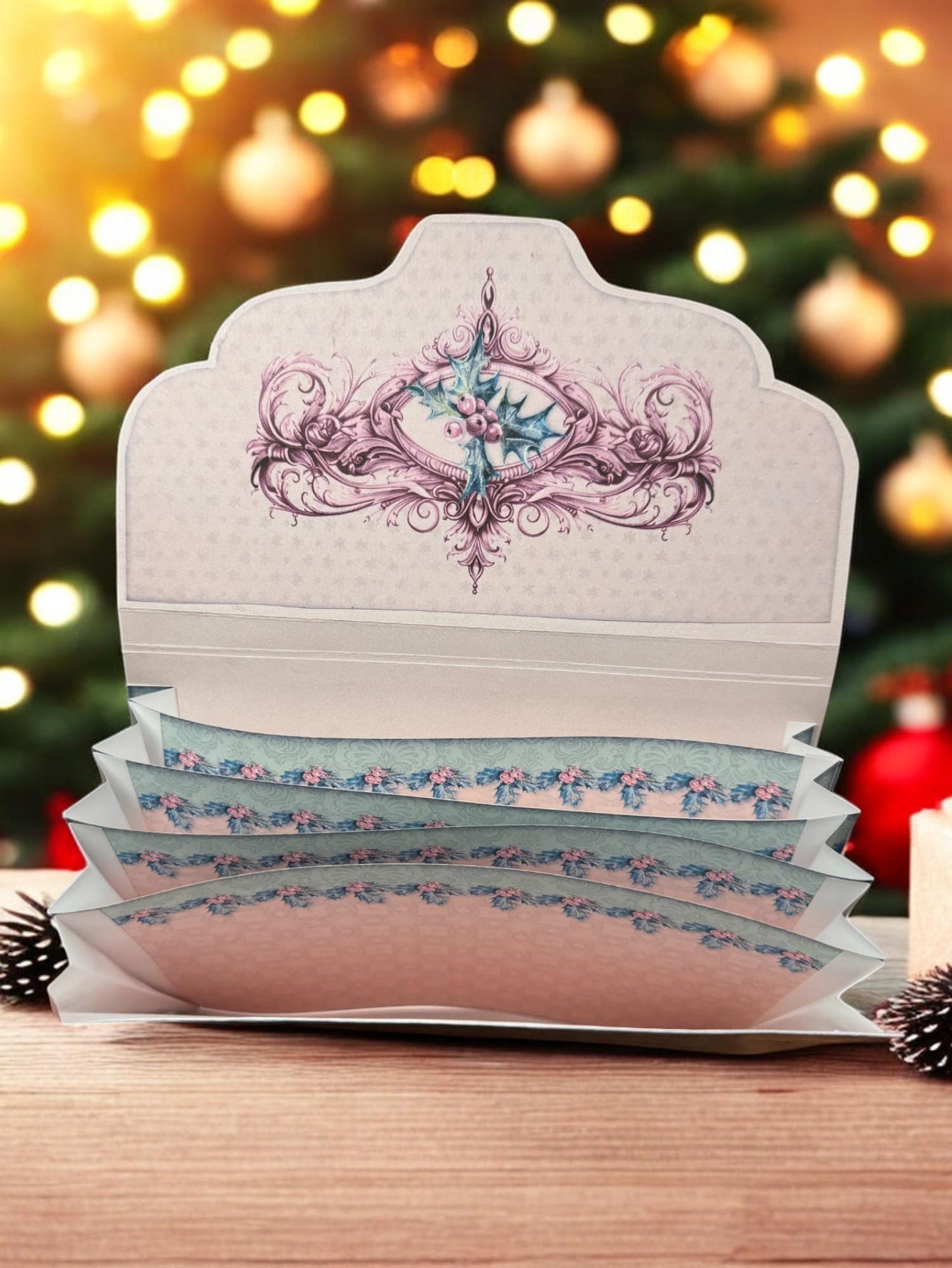 Pink Christmas Accordion Organizer – 5" x 8.5" Junk Journal File Folder with Pockets – Holiday Ephemera Storage or Gift Wrap