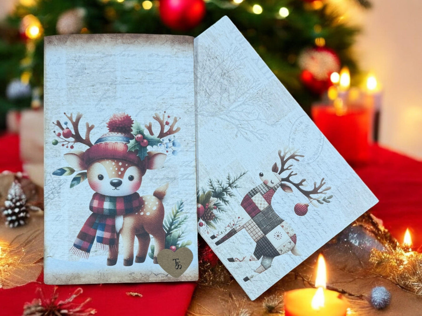 Christmas Patchwork Reindeer Gift Card Holder Set • Holiday Folio with Tags & Journaling Cards