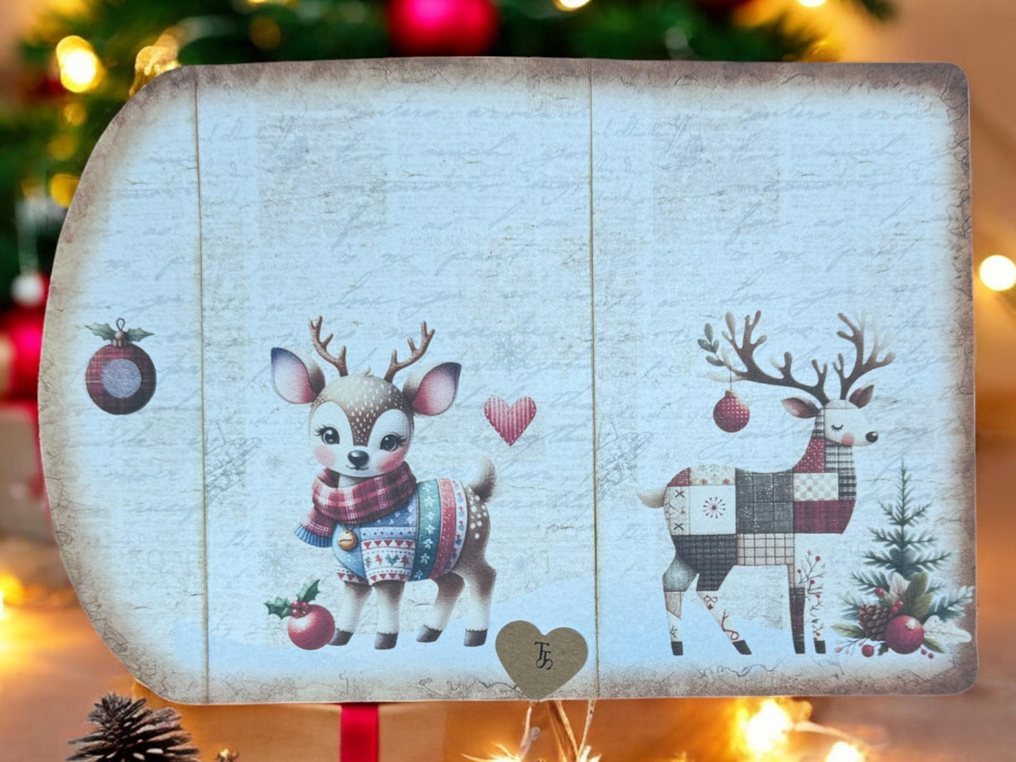 Christmas Patchwork Reindeer Gift Card Holder Set • Holiday Folio with Tags & Journaling Cards