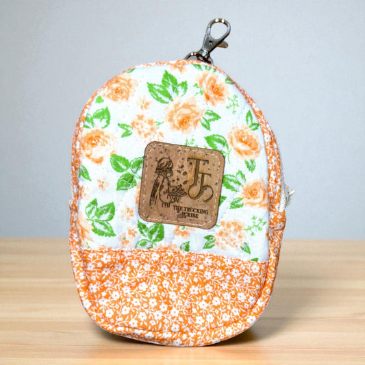 Mini Backpack Keychain – Orange Floral | Quilted Zipper Pouch with Clip | Small Handmade Bag for Coins, Thread, or AirPods
