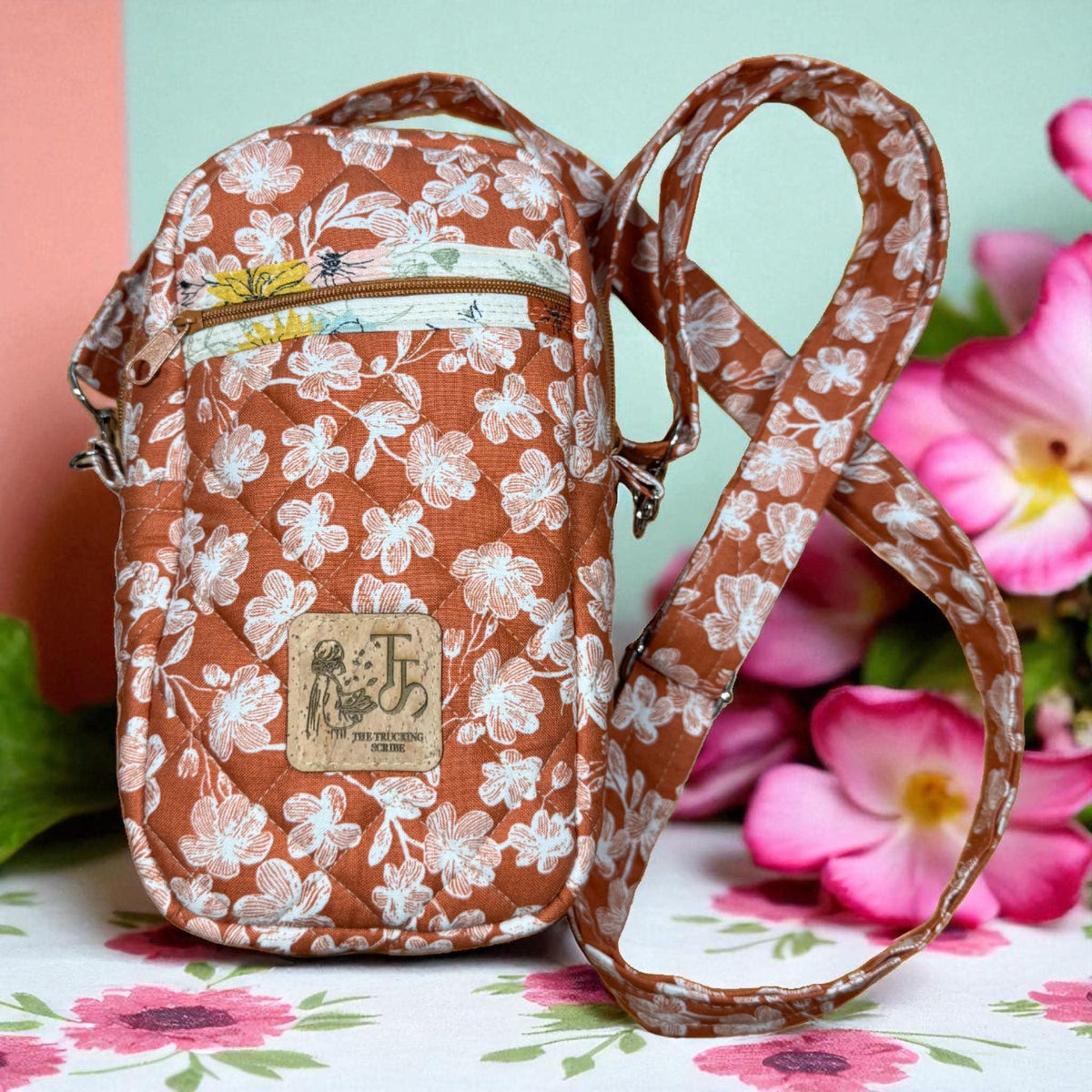 Clementine’s Cozy Crossbody Bag, Quilted Small Purse, Orange Floral Quick Haul, Peppermint Lane