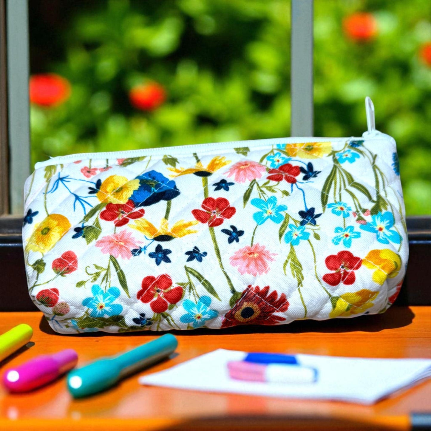 Wildflower Road Vista Pouch — Quilted Floral Glasses Case, Handmade Zipper Pouch, Travel Pencil or Accessory Bag