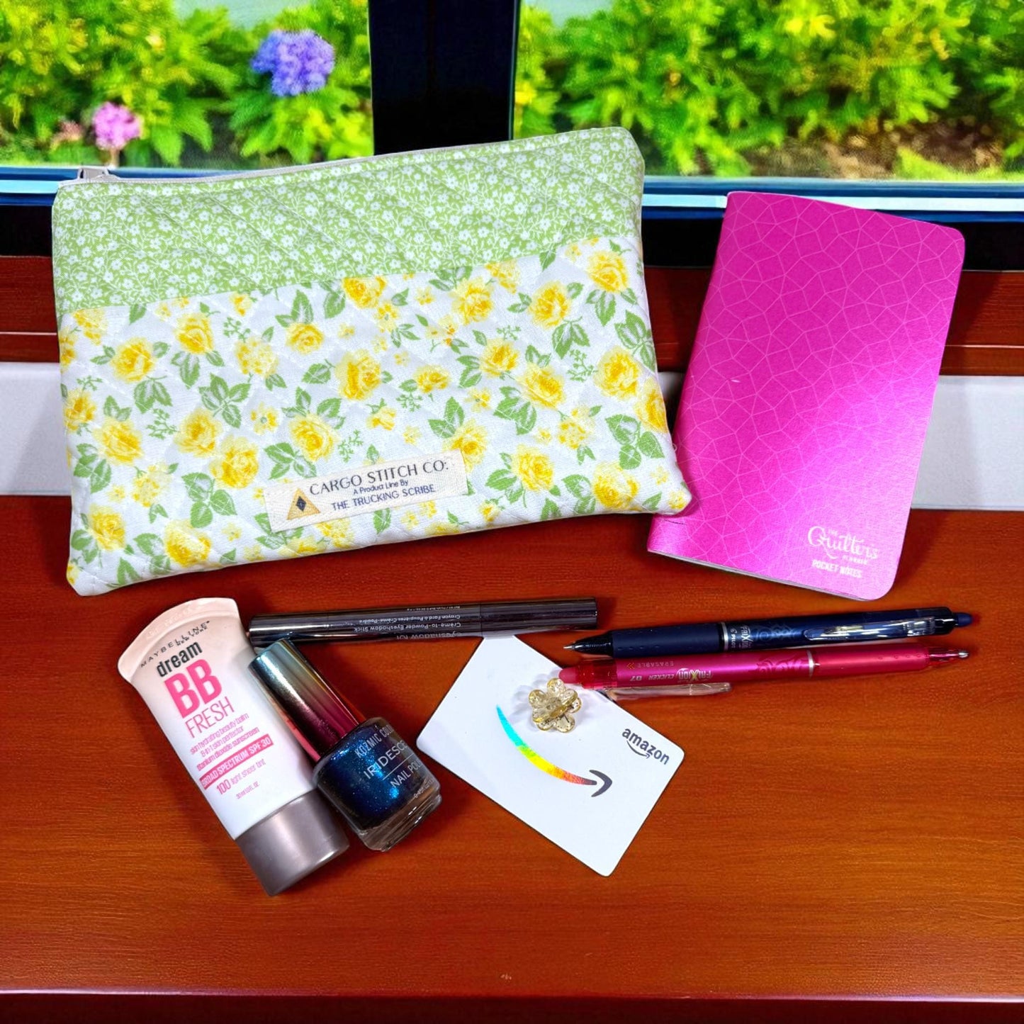 Yellow Rose Quilted Zipper Pouch | Stitcher’s Carry Handmade Floral Bag | Green & Yellow Project Pouch for Sewing or Journaling