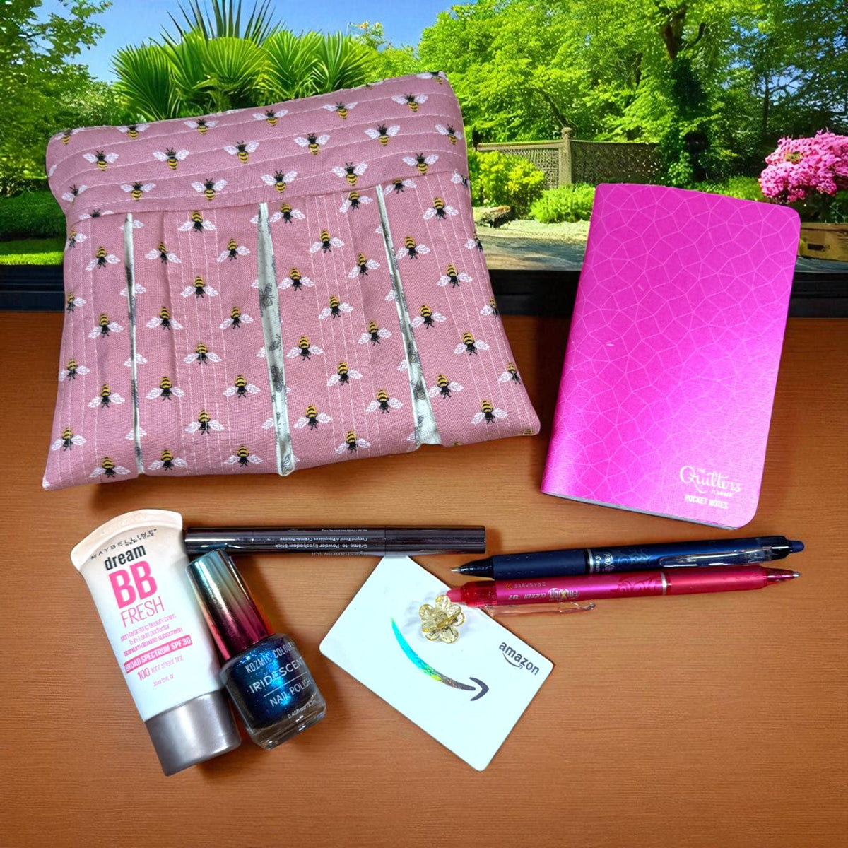 Bee Quilted Zipper Pouch, Pleated Makeup Bag, Pink Bee Pouch, Garden Lover Gift, Handmade Cosmetic Bag, Busy Bee