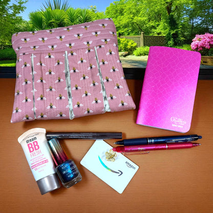 Bee Quilted Zipper Pouch, Pleated Makeup Bag, Pink Bee Pouch, Garden Lover Gift, Handmade Cosmetic Bag, Busy Bee