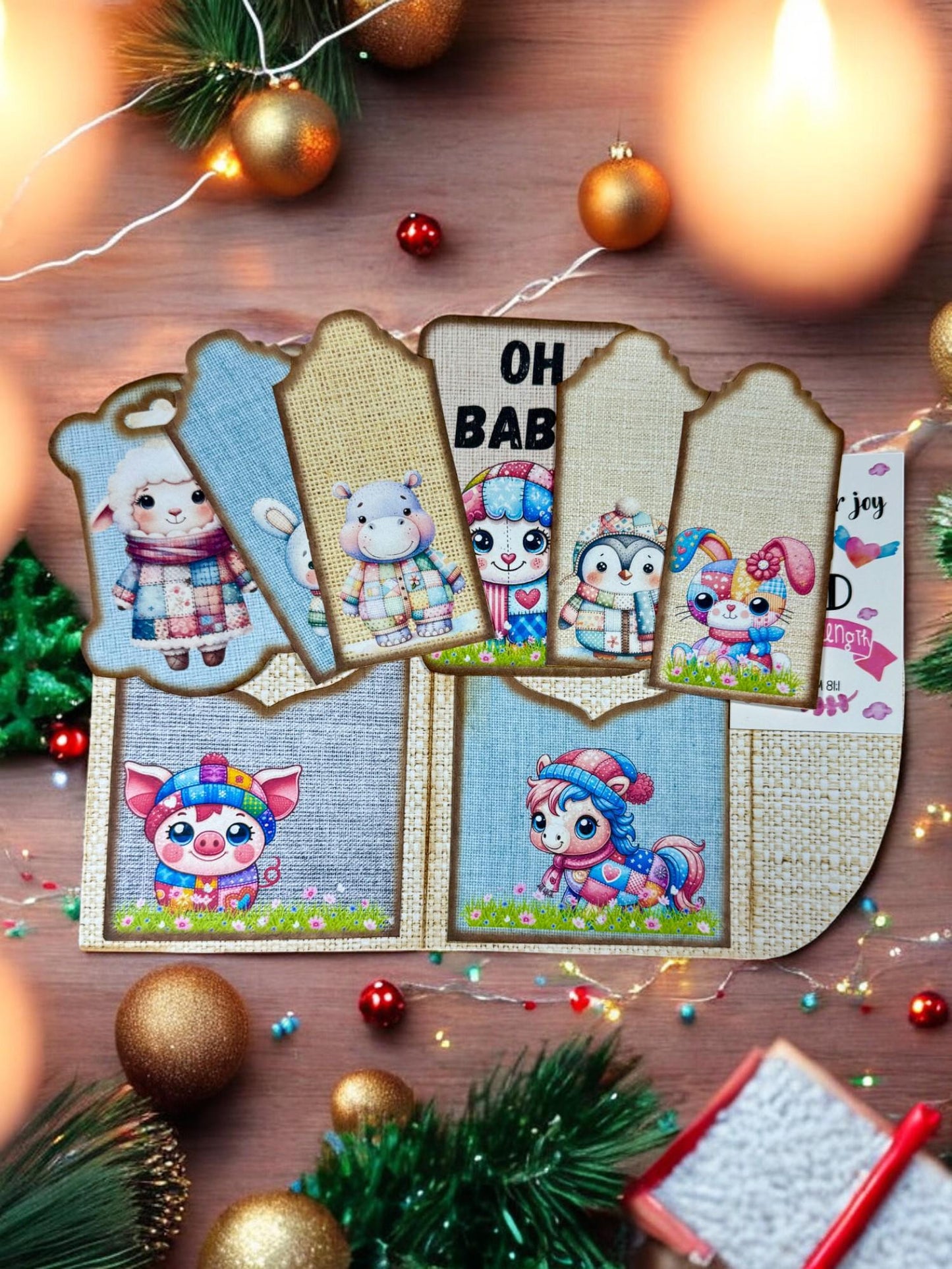 Handmade Quilted Animal Tags & Pockets – Baby Animal Ephemera Set | Junk Journal Add-On | Cozy Holiday Gift Tags