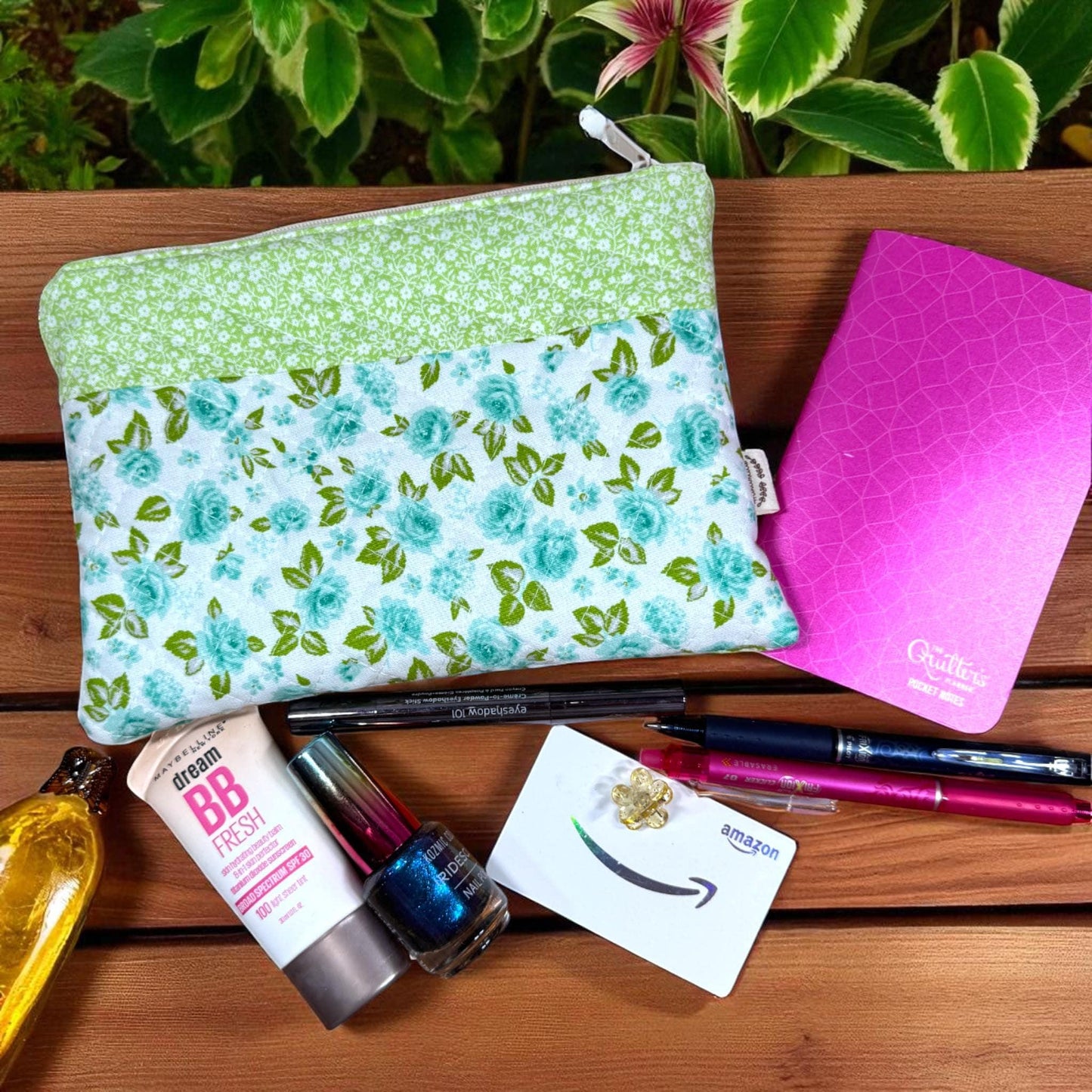 Aqua Rose Quilted Zipper Pouch | Stitcher’s Carry Handmade Bag | Green & Blue Floral Project Organizer for Sewing or Journaling