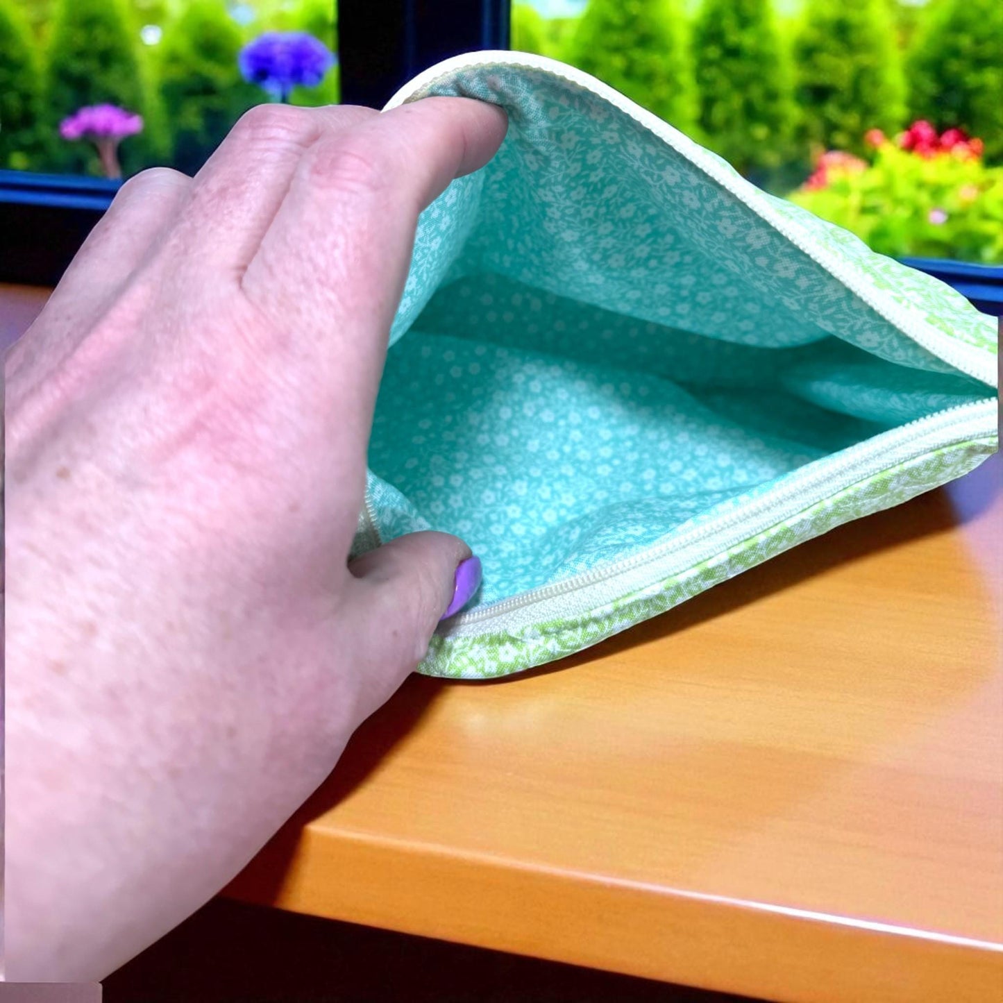 Aqua Rose Quilted Zipper Pouch | Stitcher’s Carry Handmade Bag | Green & Blue Floral Project Organizer for Sewing or Journaling