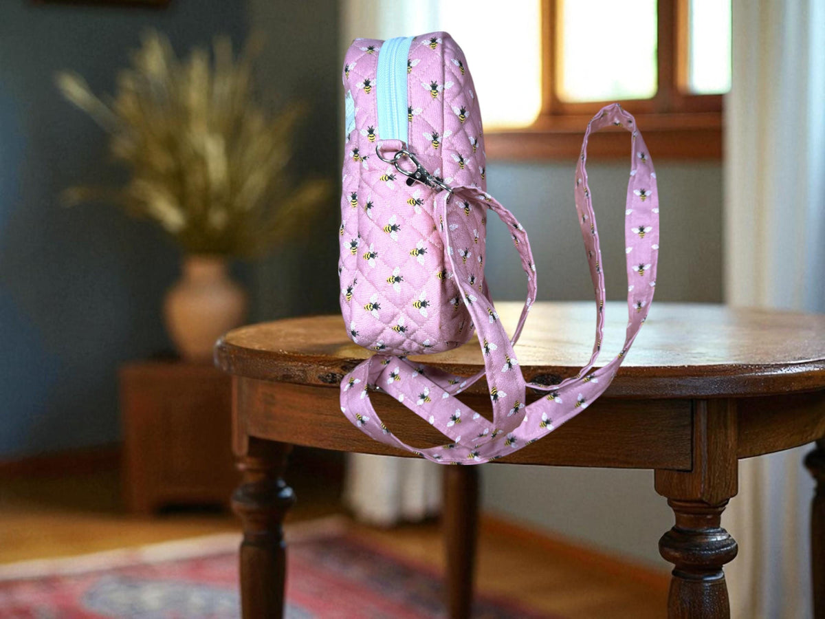 Pink Bee Crossbody Bag, Quilted Phone Bag, Small Zipper Purse, Adjustable Strap, Rose Apiary Quick Haul, Handmade Gift