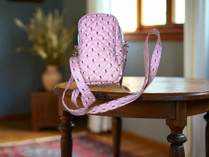 Pink Bee Crossbody Bag, Quilted Phone Bag, Small Zipper Purse, Adjustable Strap, Rose Apiary Quick Haul, Handmade Gift