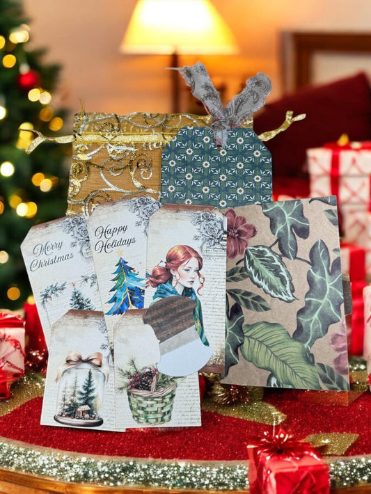 Green Christmas Junk Journal Tags – Triple Pocket Handmade Ephemera – Vintage Holiday Gift for Scrapbooks & Albums