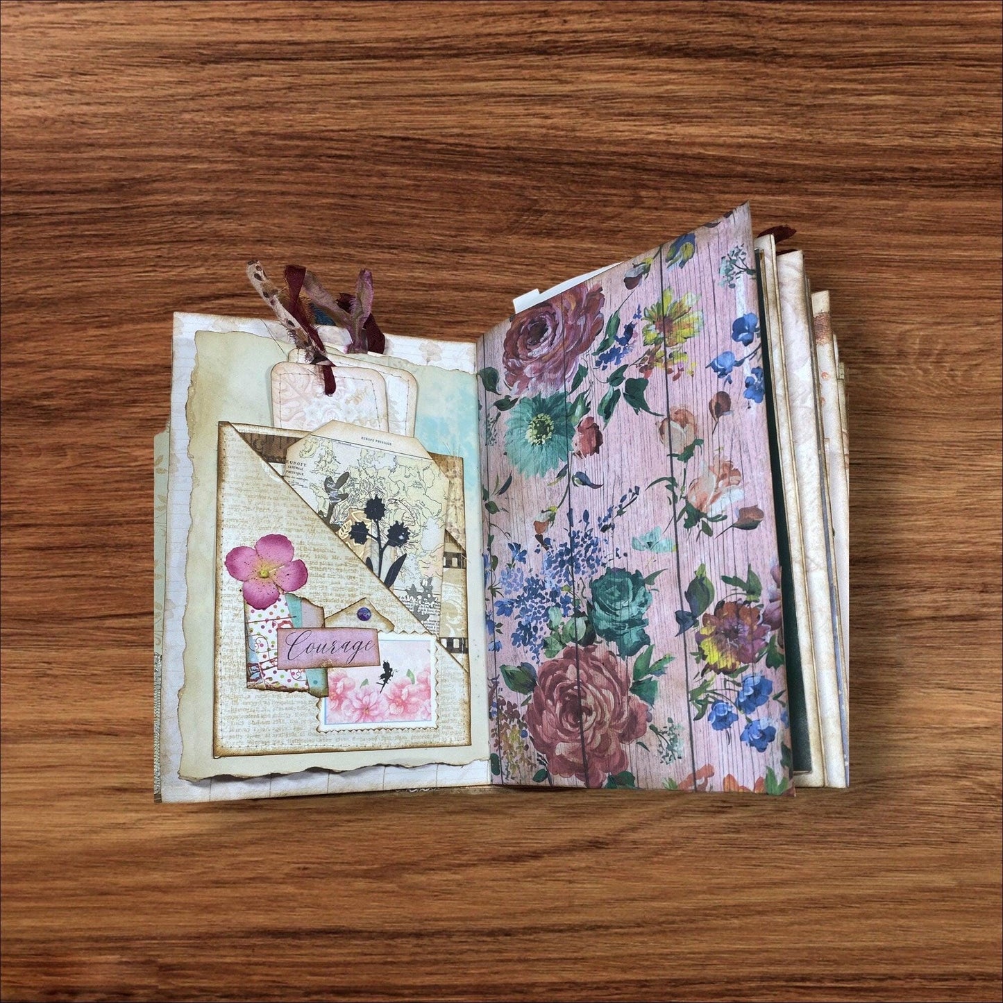 Floral Dress Junk Journal – Handmade 6x8.75” Vintage-Inspired Spring Journal with Lace, Pockets & Ephemera