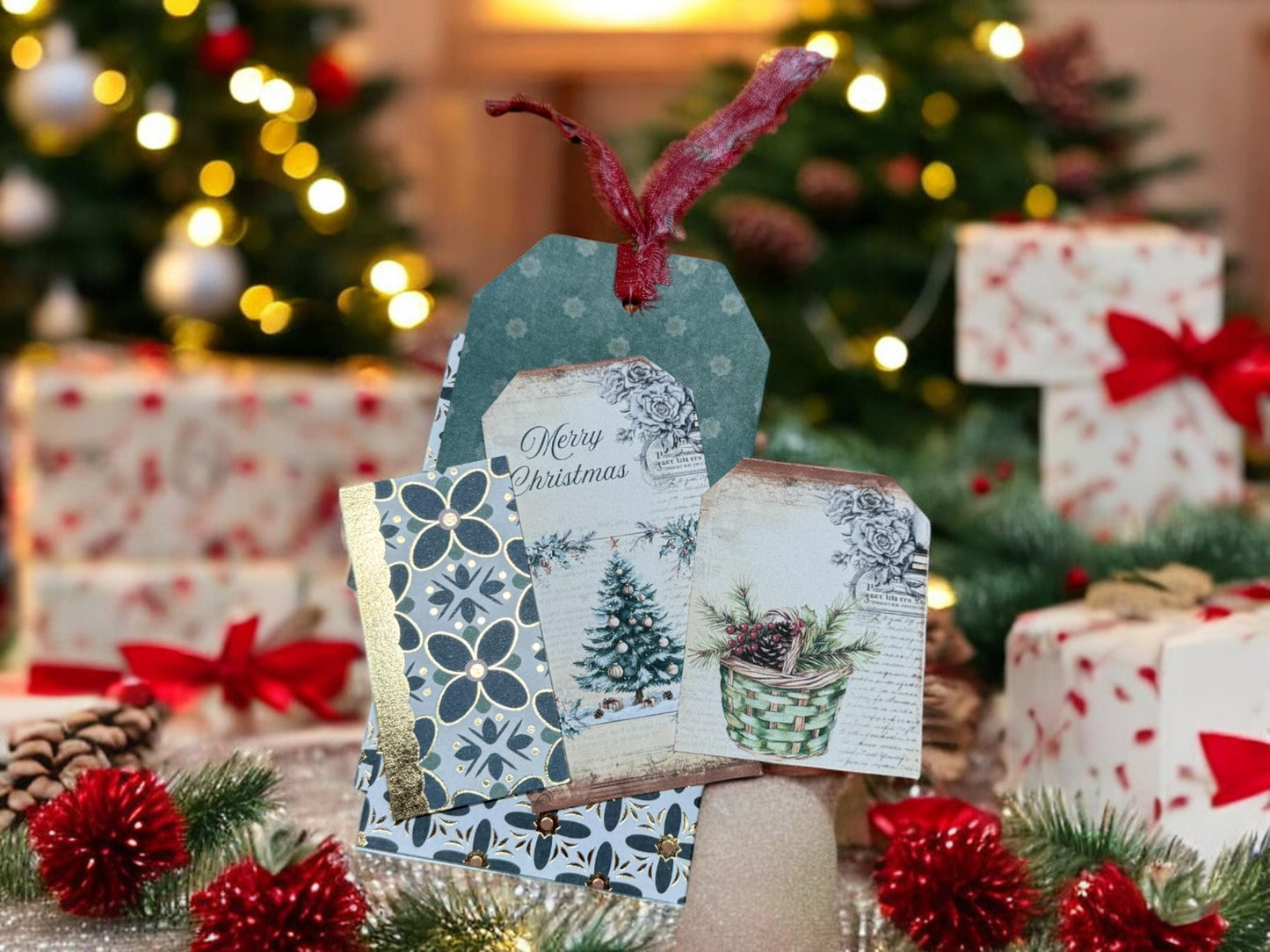 Triple Pocket Christmas Junk Journal Tag: Mini Notebook & Ephemera