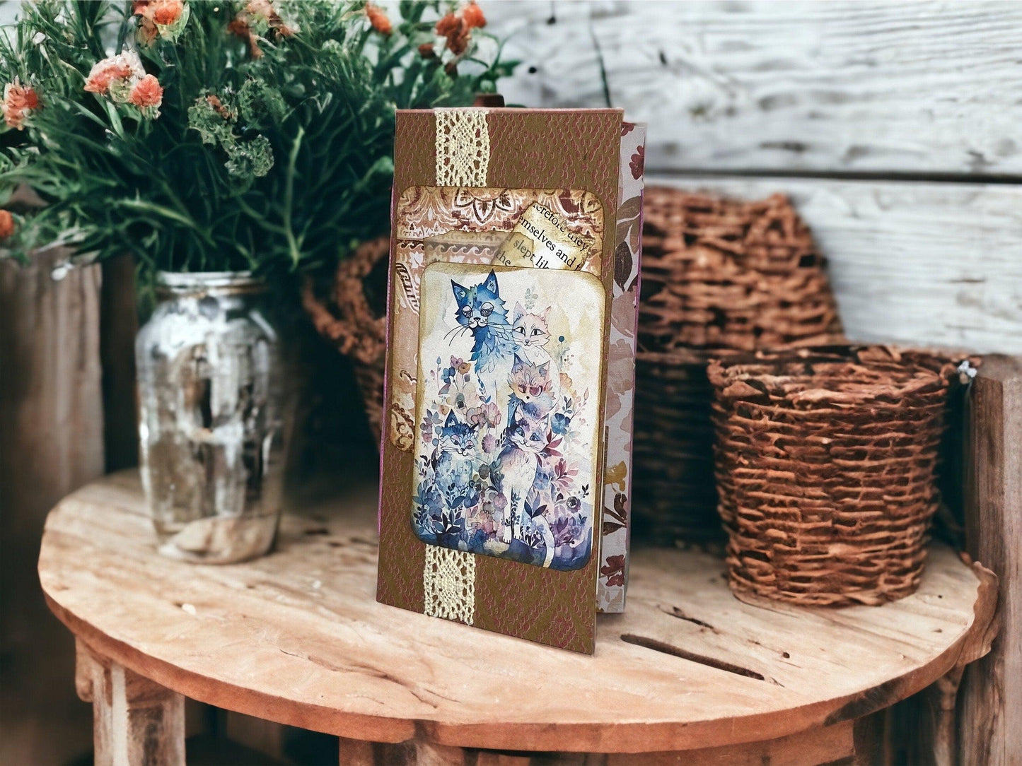 Whimsical Forest Cat Folio – Woodland Whiskers Edition | Handmade Junk Journal Insert with Lace & Floral Pockets | Feline Ephemera