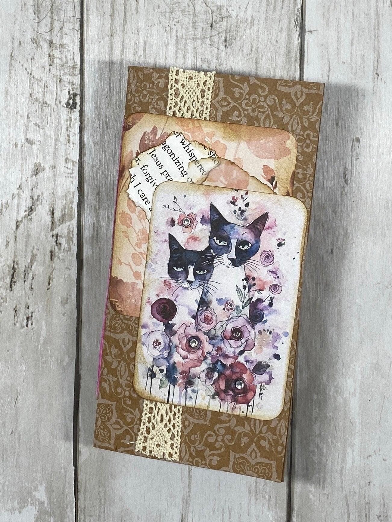 Whimsical Forest Cat Folio – Woodland Whiskers Edition | Handmade Junk Journal Insert with Lace & Floral Pockets | Feline Ephemera