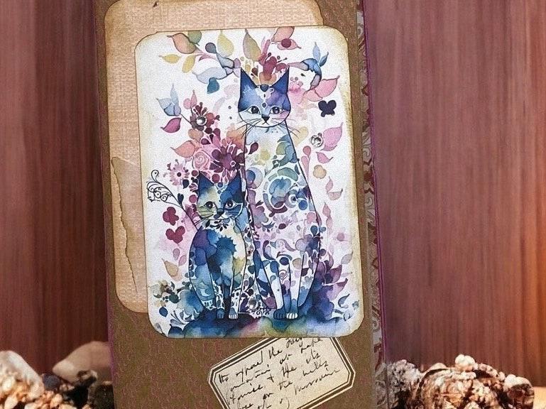 Whimsical Forest Cat Folio – Enchanted Garden Edition | Handmade Junk Journal Insert with Lace & Floral Pockets | Feline Ephemera