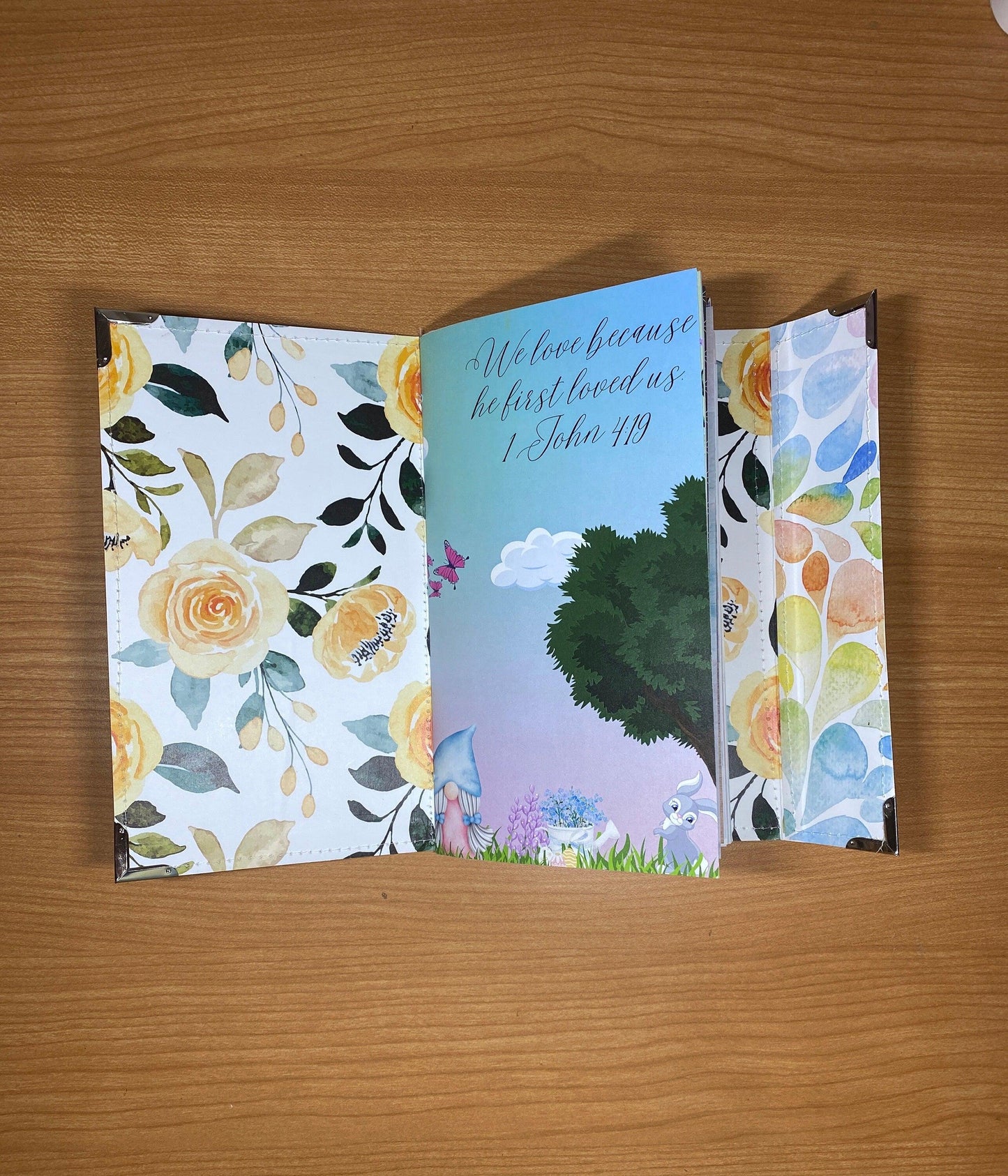 Gnome Prayer Junk Journal Folio – Faith-Based Floral Keepsake with Hebrews 13:5 Notebook Diary