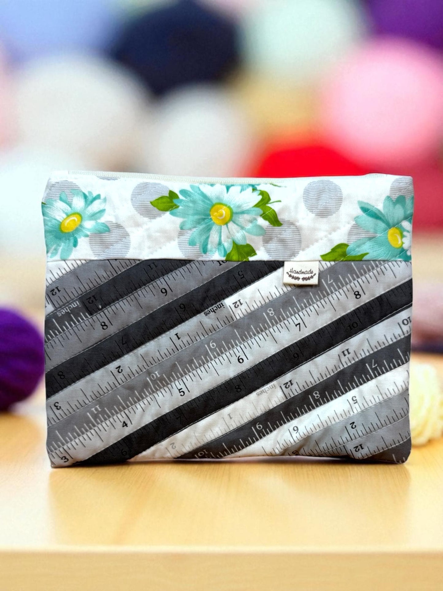 Quilted Project Bag – Ruler Print – Handmade Drawstring Knitting or Crochet Bag, Yarn Storage for Sewing, Fiber Arts & Craft Projects