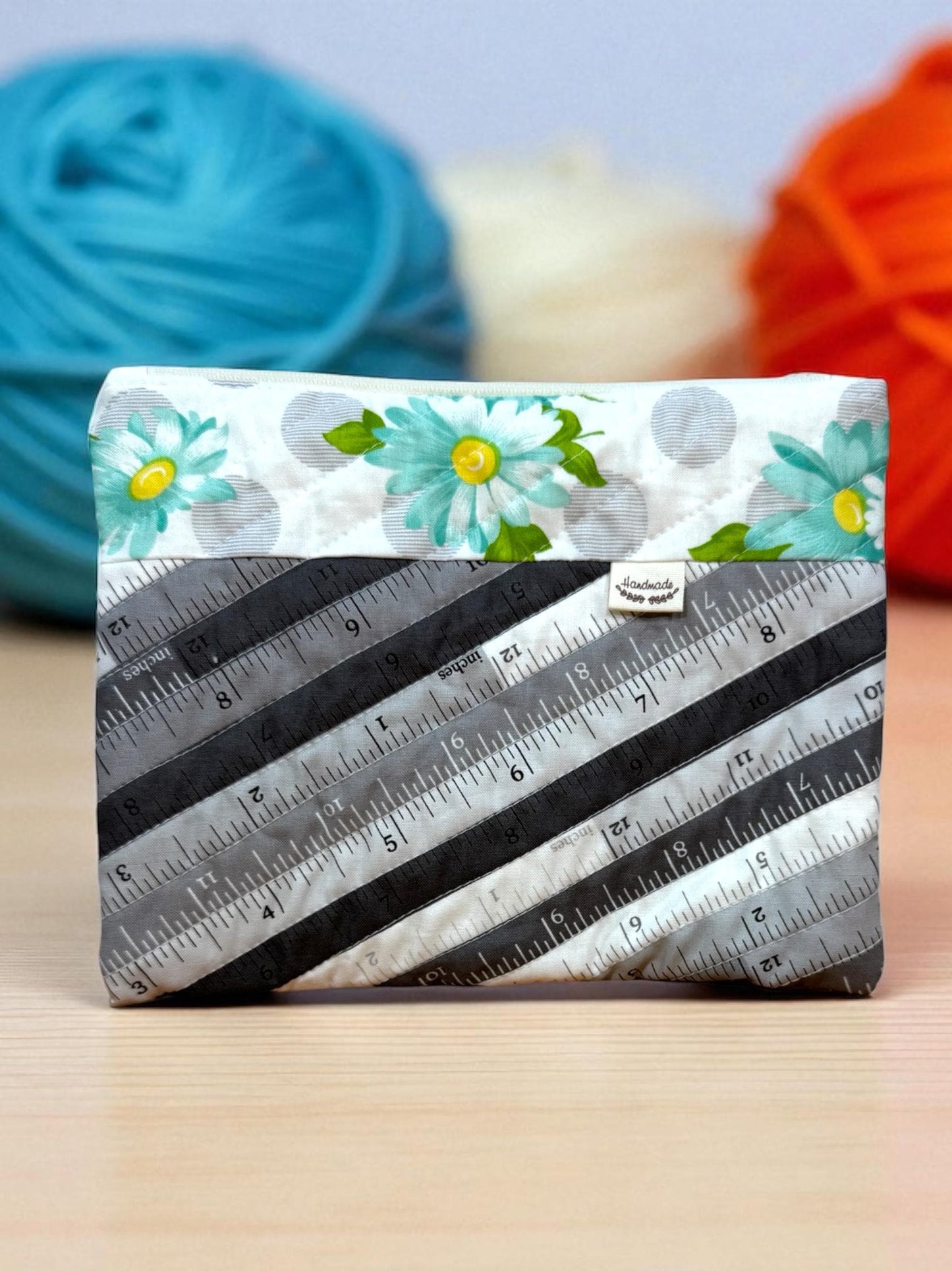Quilted Project Bag – Ruler Print – Handmade Drawstring Knitting or Crochet Bag, Yarn Storage for Sewing, Fiber Arts & Craft Projects
