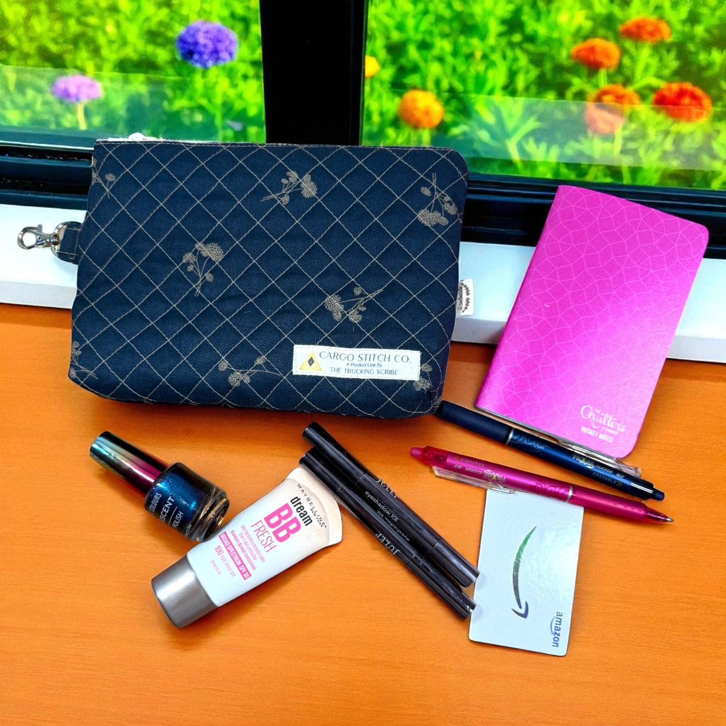 Midnight Garden Quilted Zipper Pouch 8x6x1.5 | Handmade Cosmetic Bag | Halloween Floral Travel Pouch | Reusable Gift Bag for Makeup & More