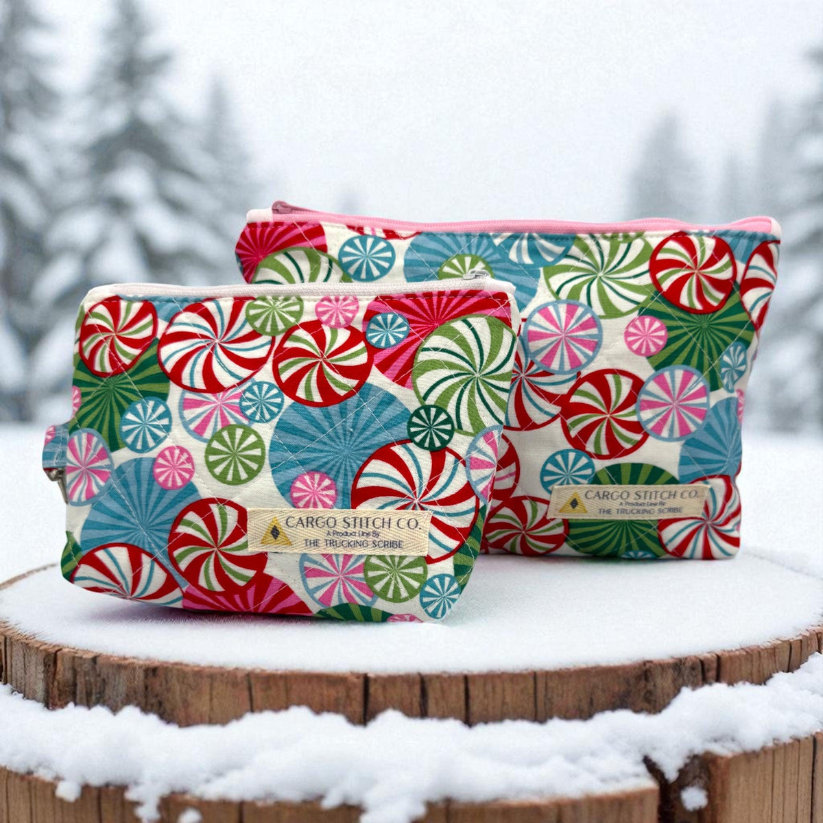 Peppermint Christmas Quilted Pouch Set | 5 Piece Zipper Pouch Bundle | Makeup Travel Craft Bags | Peppermint Lane