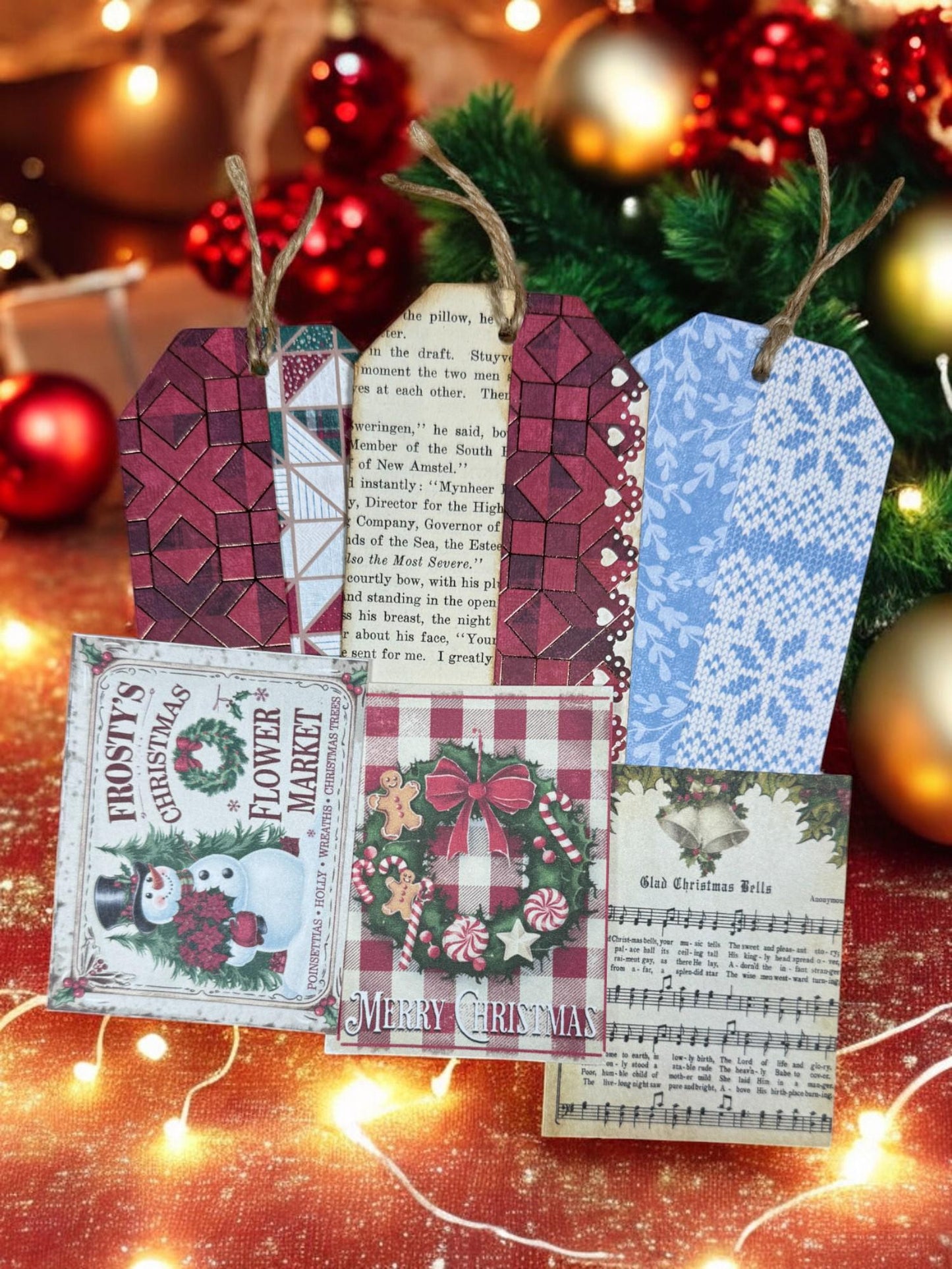 Vintage Christmas Junk Journal Tags – Reindeer Cards & Double‑Pocket Ephemera – Holiday Handmade Tag Set