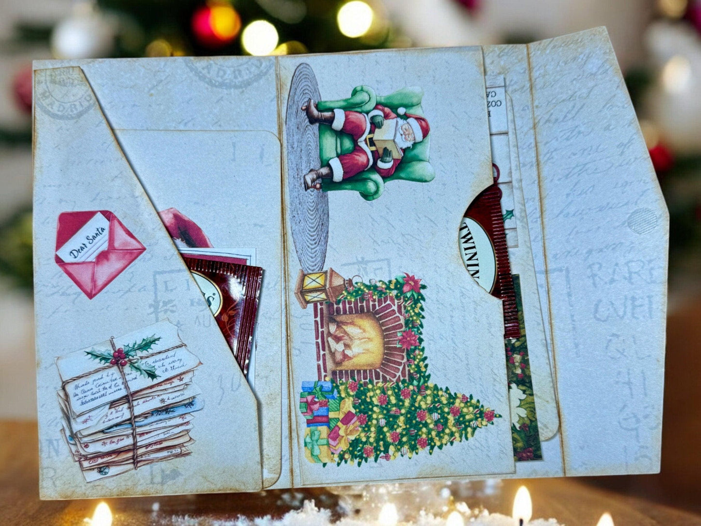 Letters to Santa Junk Journal Folio – Handmade Christmas Ephemera Folder with Pockets & Assorted Inserts | Holiday Writing Kit