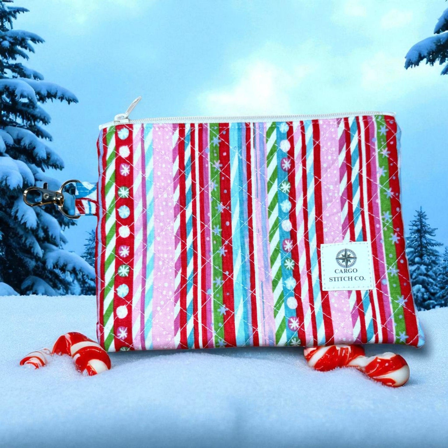 Candy Cane Stripe Quilted Zipper Pouch | Christmas Makeup Bag | Holiday Travel Pouch | Handmade Gift for Her | Cargo Stitch Co
