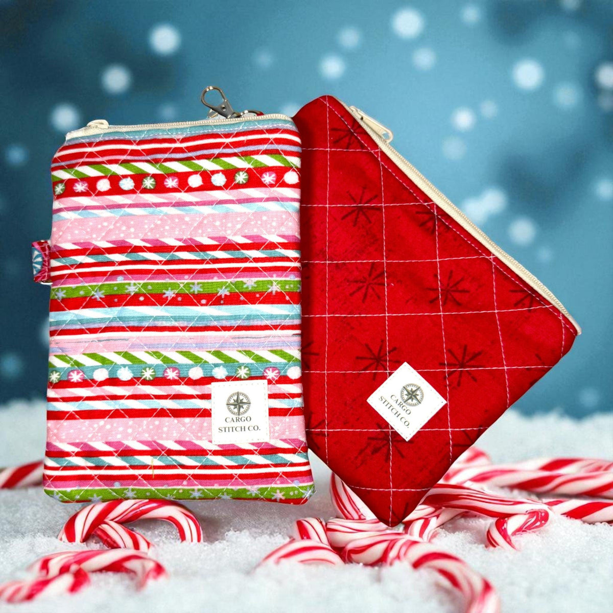 Red Christmas Quilted Zipper Pouch, 7x5 Holiday Organizer, Project Bag, Makeup & Craft Pouch, Peppermint Lane