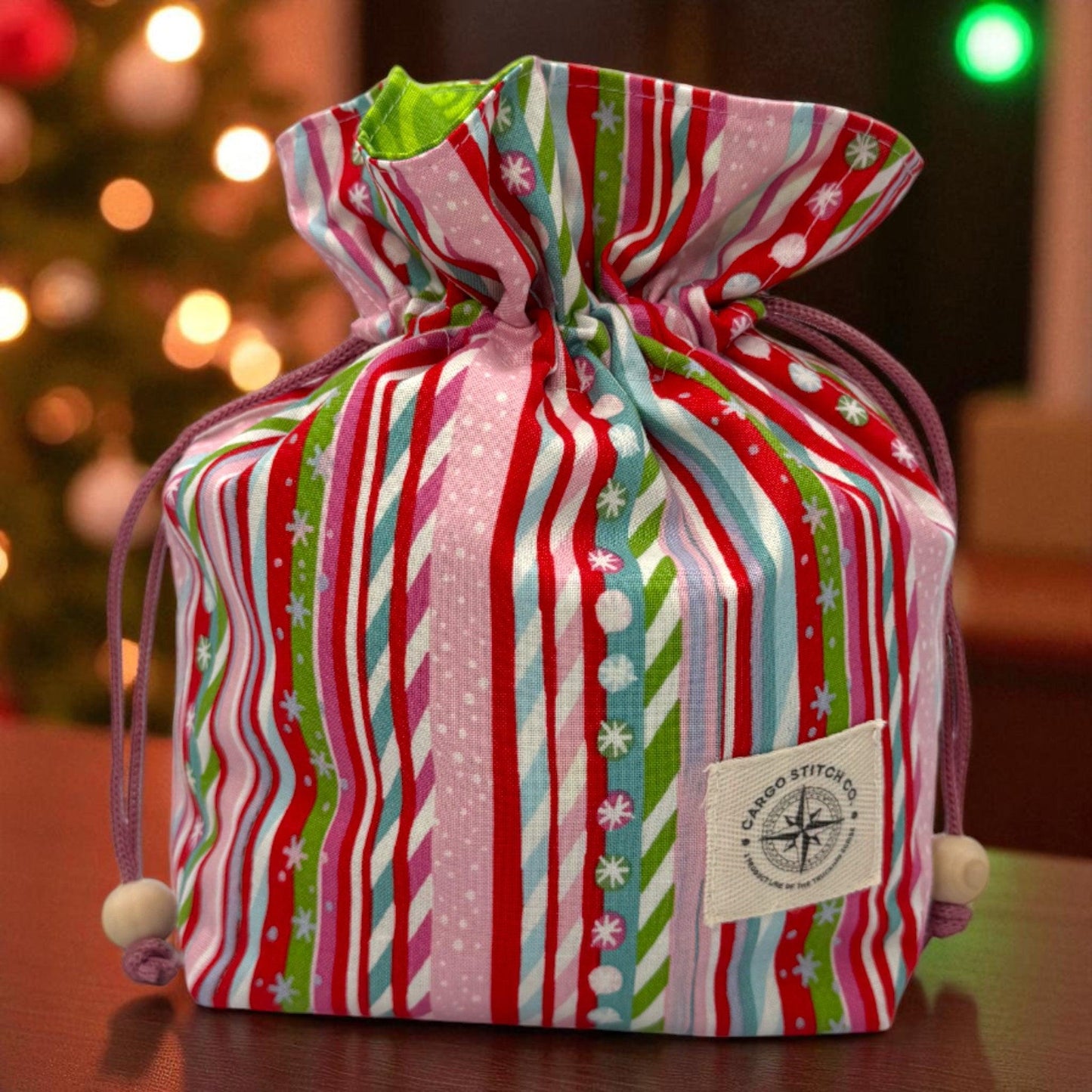 2 Holiday Drawstring Gift Bag Set – Quilted Medium Bag Duo – Peppermint Swirl & Candy Cane Stripe – Reusable Fabric Gift Wrap