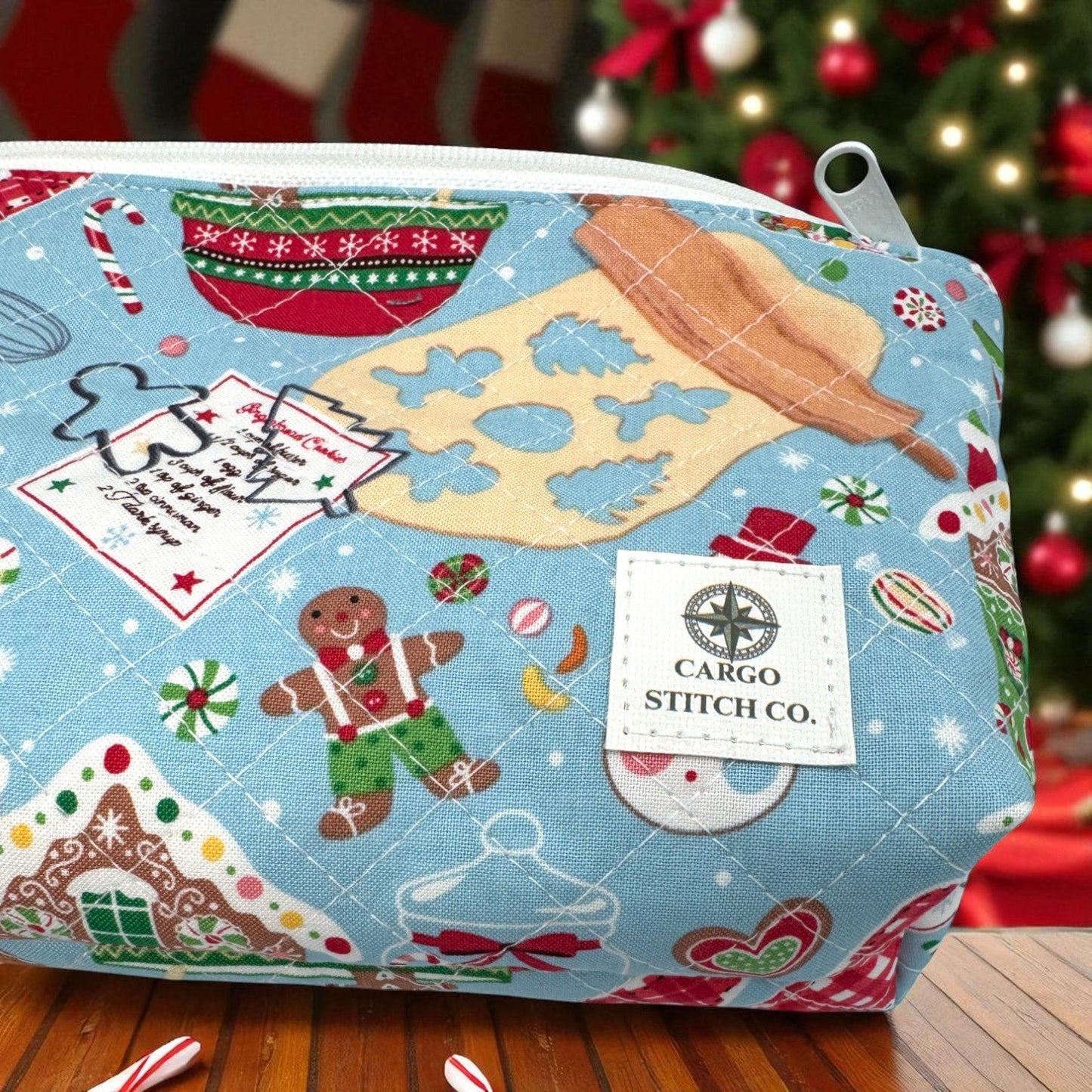 Quilted Christmas Zipper Pouch Duo: Gingerbread & Ornament Bags Holiday Organizer
