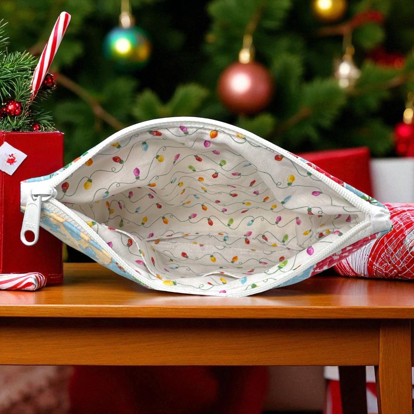 Quilted Christmas Zipper Pouch Duo: Gingerbread & Ornament Bags Holiday Organizer