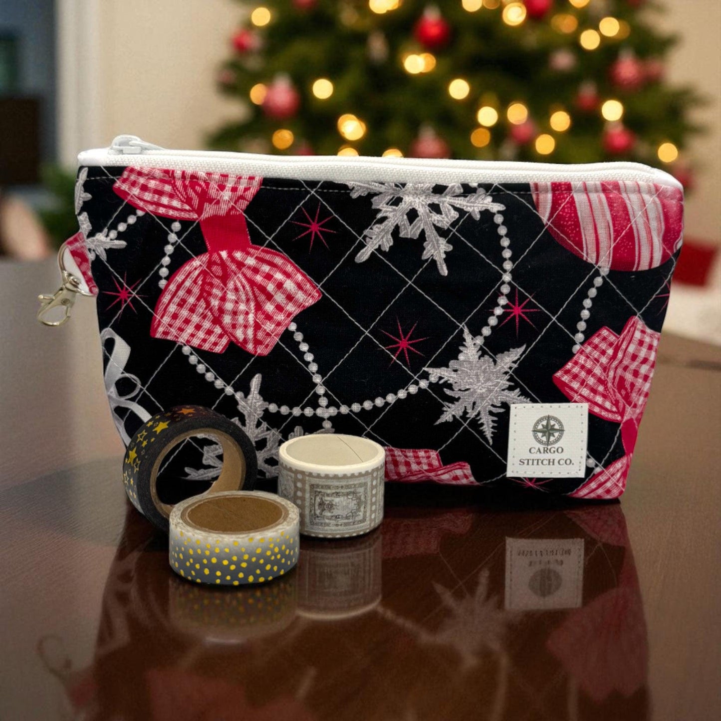 Quilted Christmas Zipper Pouch Duo: Gingerbread & Ornament Bags Holiday Organizer