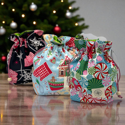 3 Christmas Gift Bags – Small Quilted Drawstring Bag Set of 3 – Ornaments, Gingerbread, Peppermint – Reusable Holiday Wrap
