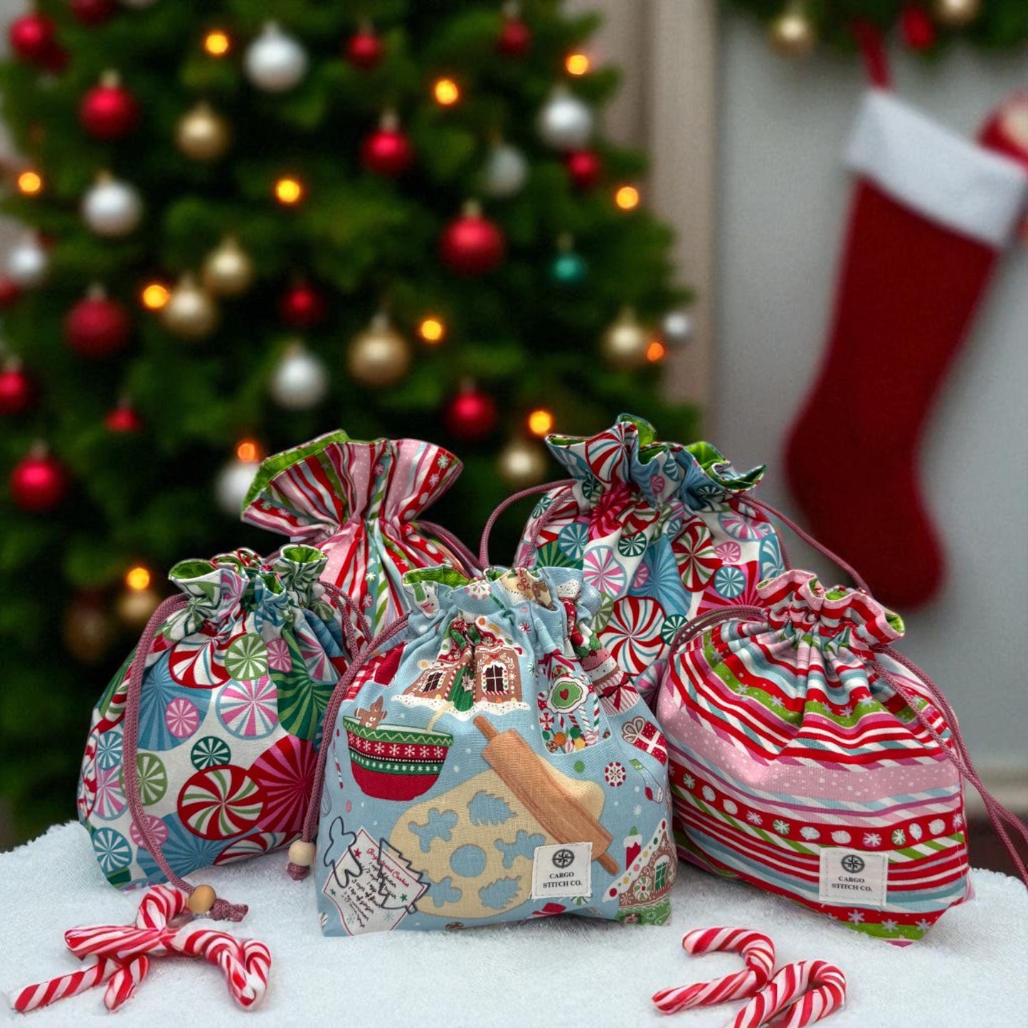 3 Christmas Gift Bags – Small Quilted Drawstring Bag Set of 3 – Ornaments, Gingerbread, Peppermint – Reusable Holiday Wrap