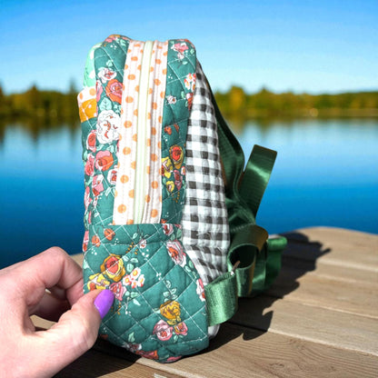 Cottage Rose Mini Backpack, Quilted Floral Backpack, Small Handmade Bag, Heirloom Florals