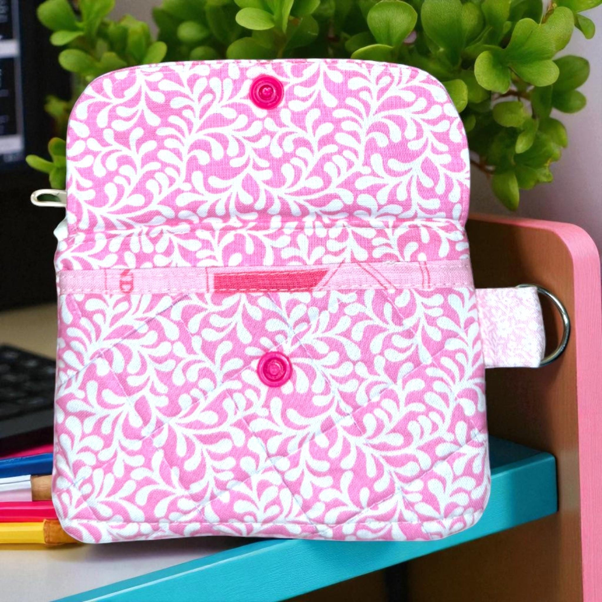 Pink Meadow Manifest Quilted Cotton ID Wallet - Handmade Floral Card Holder Minimalist Compact Travel Gift