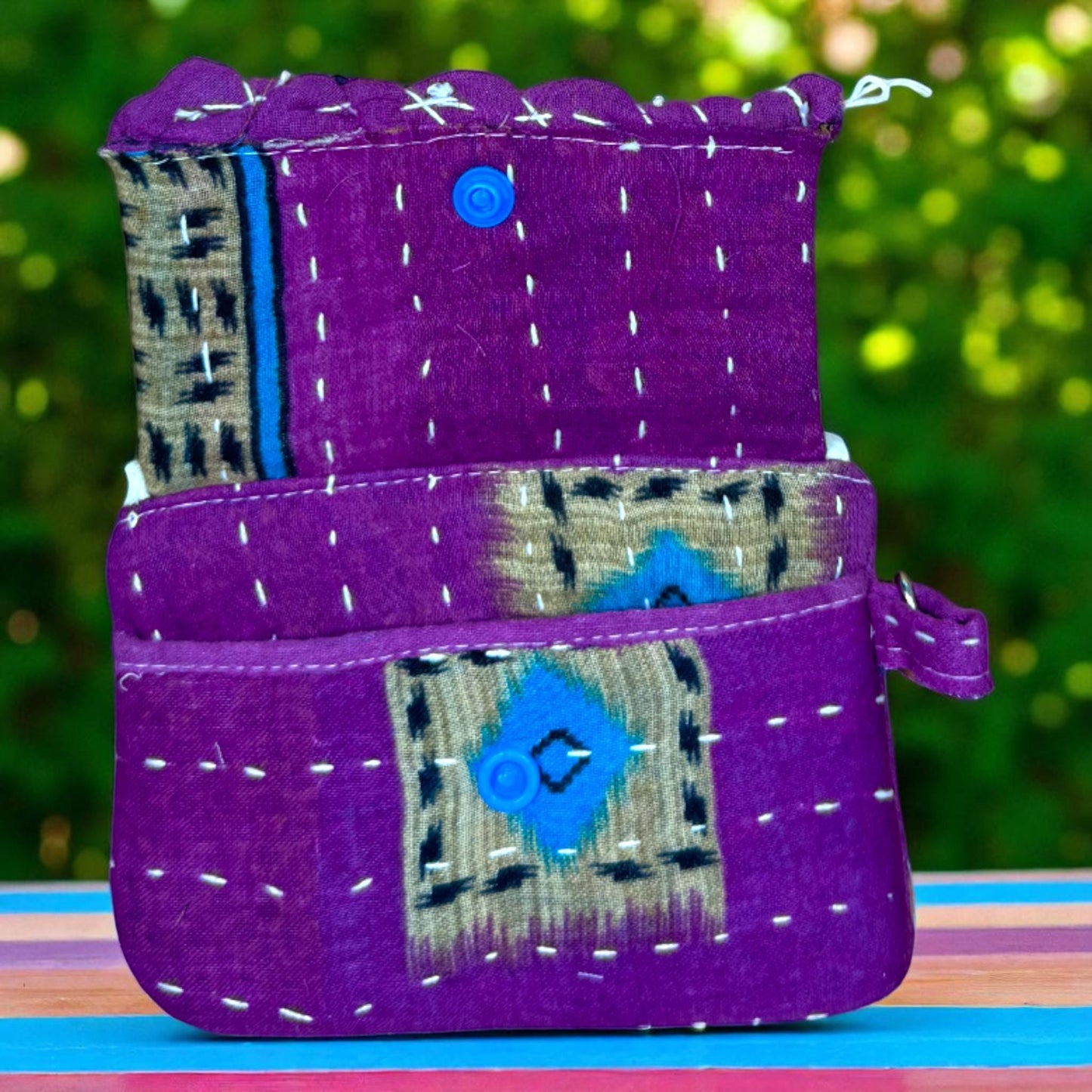 Handmade Kantha Quilted Wallet: Boho Purple Card Holder